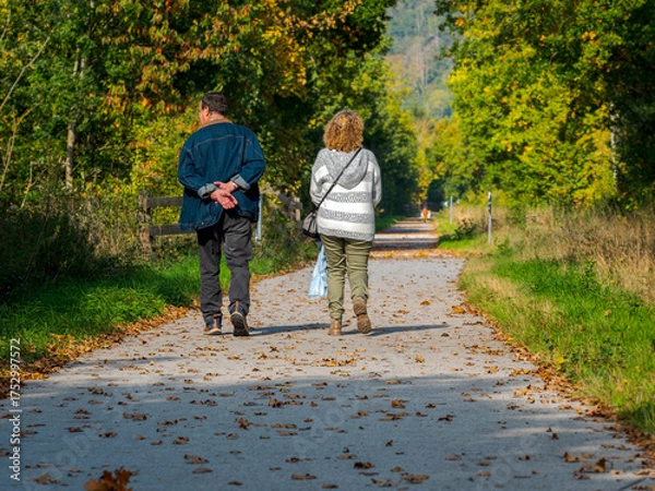 Obraz Clecy, Normandy, October 4, 2025. An elderly couple walks along a forest path. An elderly couple walks leisurely along a rural path surrounded by autumn trees in Normandy, France. The scene depicts