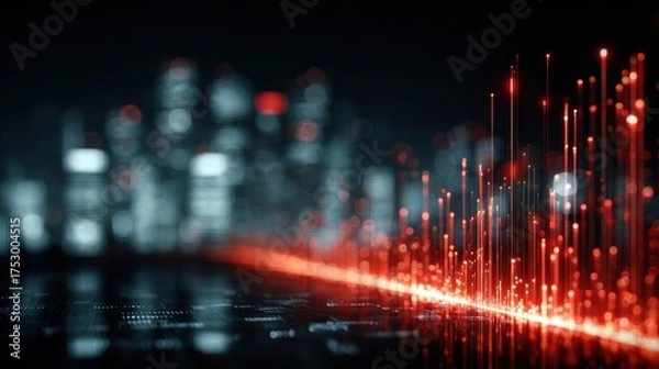 Fototapeta Abstract Red Data Stream with Blurry Cityscape Background, Technology Concept