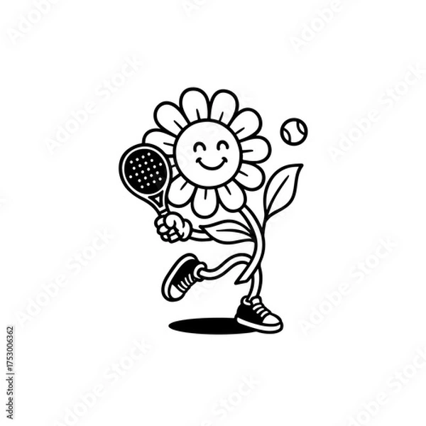 Obraz Funny Flower Playing Padel Illustration | Cute Floral Character with Sneakers and Racket | Cartoon Sports Vector