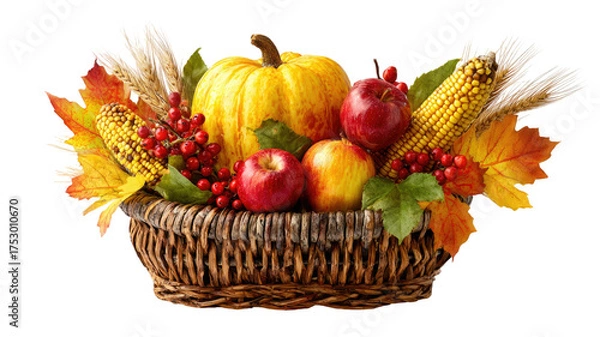 Fototapeta Autumn harvest basket with pumpkin apples corn berries and colorful fall leaves arrangement isolated on white background