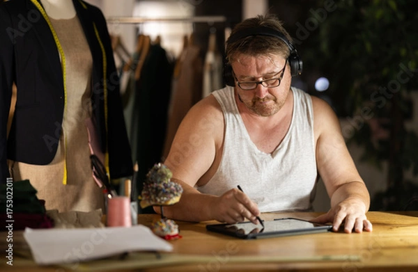 Fototapeta Middle-aged man wearing earphones drawing on tablet in sewing workshop at night