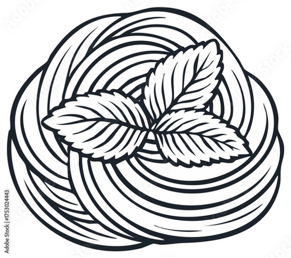 Obraz Monochrome line art of an Italian pasta nest with fresh basil leaves vector illustration