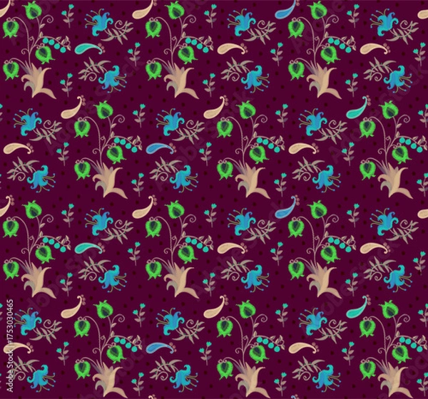 Obraz Beautiful seamless pattern with tulips, lilies, tiny flowers and paisley on a burgundy background with small black polka dots. Ethnic print for fabric. Floral embroidery.