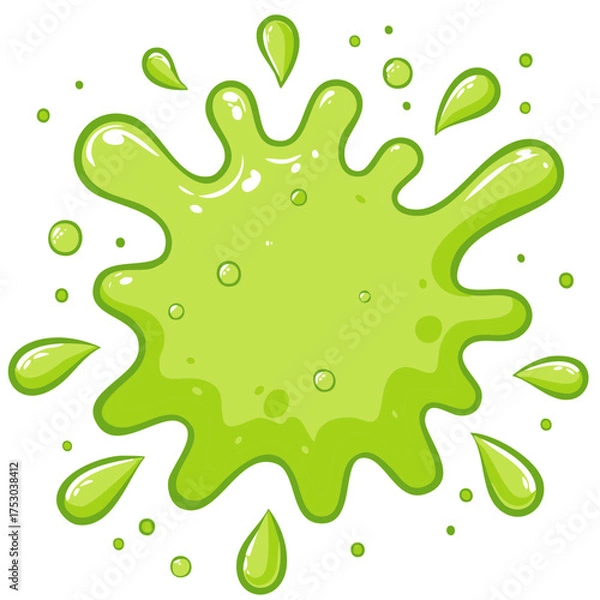 Obraz Green Slime Splash with Droplets and Bubbles Cartoon Illustration