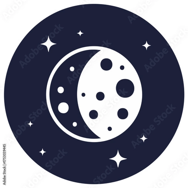 Fototapeta Crescent moon with craters and stars on dark round background cosmic design