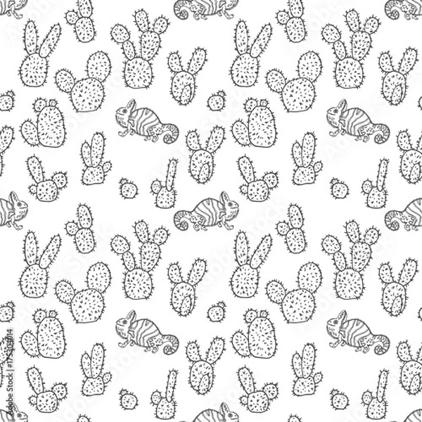Fototapeta Vector Opuntia and Funny Chameleon Seamless Pattern on White. Tropical Cactus and Animal Background. Vector pattern with chameleons reptiles. Background with chameleons and cactuses.