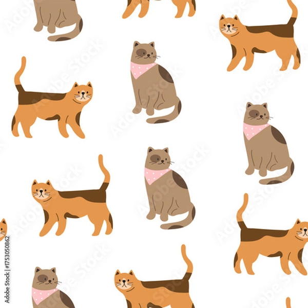 Fototapeta Seamless pattern with brown cats. Funny cats in different poses. Flat graphic vector illustrations isolated on white background. Set of pet animals.