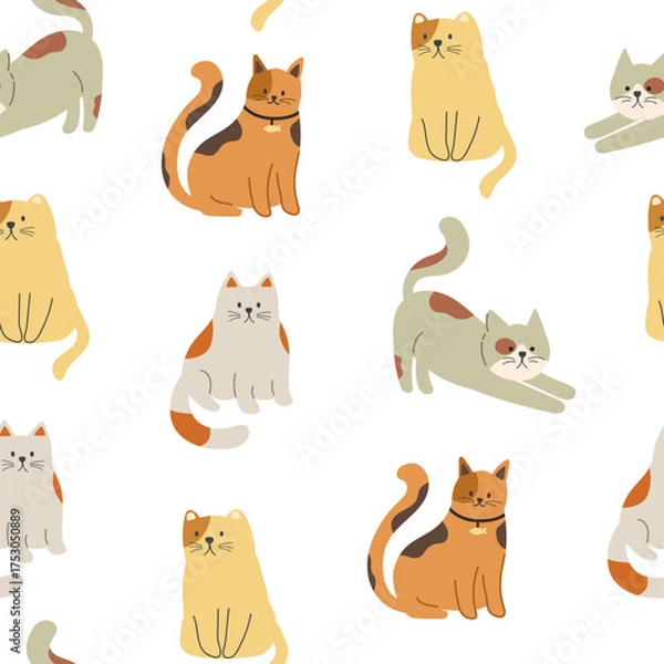 Fototapeta Seamless pattern with brown and red cats. Funny cats in different poses. Flat graphic vector illustrations isolated on white background. Set of pet animals.