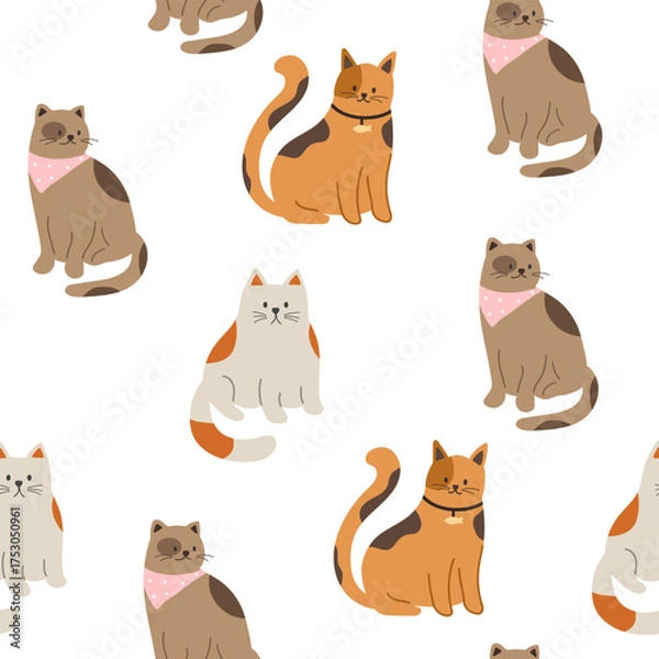 Fototapeta Seamless pattern with red, gray and brown cats. Funny cats in different poses. Flat graphic vector illustrations isolated on white background. Set of pet animals.