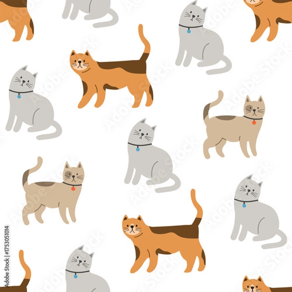 Fototapeta Seamless pattern with red, gray and brown cats. Funny cats in different poses. Flat graphic vector illustrations isolated on white background. Set of pet animals.