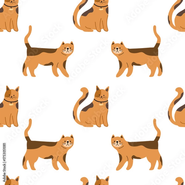 Fototapeta Seamless pattern with cute red cats. Funny cats in different poses. Flat graphic vector illustrations isolated on white background. Set of pet animals.