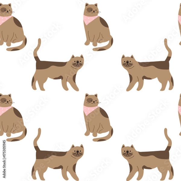 Fototapeta Seamless pattern with cute cats. Funny cats in different poses. Flat graphic vector illustrations isolated on white background. Set of pet animals.