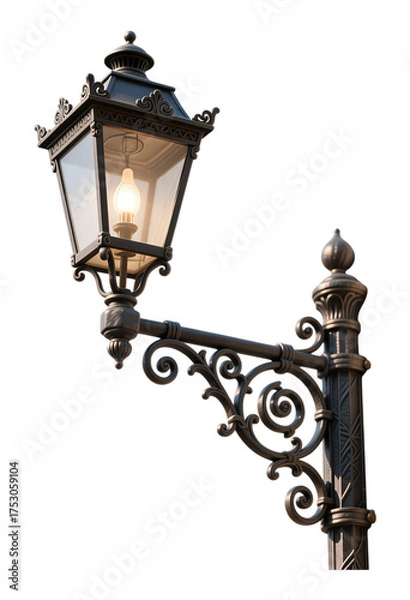 Fototapeta Ornate Black Wrought Iron Street Lamp with Glowing Bulb, Transparent Background, Vintage Design Element