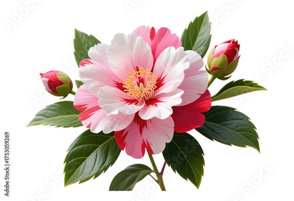 Fototapeta Pink Camellia Flower Blooming, Red and White Petals with Transparent Background, 3D Realism Illustration for Design
