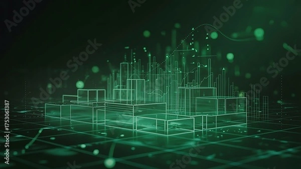 Fototapeta Abstract 3D green city skyline with financial data charts, digital investment and economy growth concept
