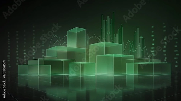 Fototapeta Abstract 3D green city skyline with financial data charts, digital investment and economy growth concept
