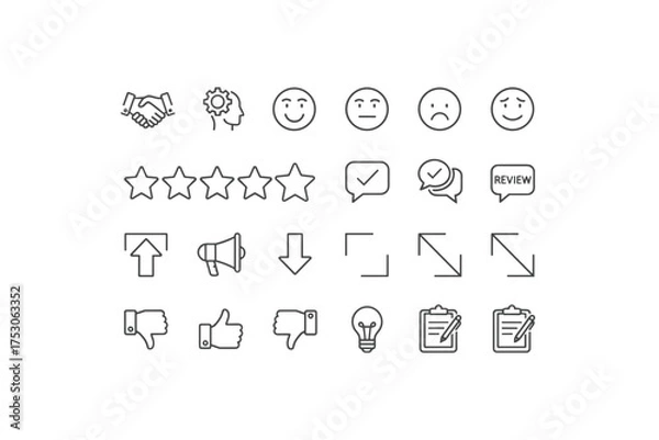 Fototapeta Feedback and review line icon set. Star rating, customer satisfaction emoticons, like and dislike. Business agreement handshake. Survey, opinion, and quality test symbols. UI elements.