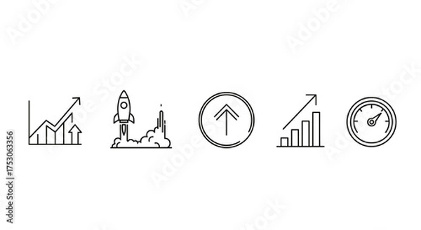 Fototapeta Business growth line icons set. Financial progress chart. Rocket launch for startup. Performance speedometer. Investment success graph. Upward arrow. Boost, speed, development vector.