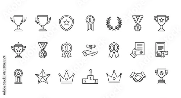 Fototapeta Achievement and Success Vector Icons Set with Trophies, Medals, Badges, Stars, Crowns, Certificates, Handshake, and Podium. Award and Victory Outline Symbols