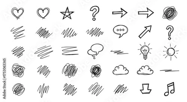 Fototapeta Hand drawn doodle sketch set. Vector illustration of tangled scribble, arrow, heart, star, question mark, speech bubble, light bulb idea, cloud. Brainstorming, creativity concept.
