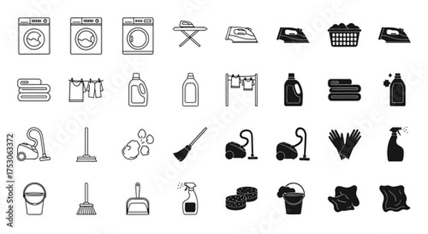 Fototapeta Cleaning and laundry icon set. Housework and chore symbols. Washing machine, vacuum cleaner, iron, broom, detergent. Vector line and glyph icons for web and mobile design.