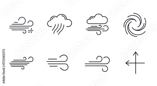 Fototapeta Wind icon set. Weather symbols collection. Windy, breeze, and air flow line icons. Blowing gust, storm, and hurricane pictogram. Meteorology forecast graphic elements. Climate signs.