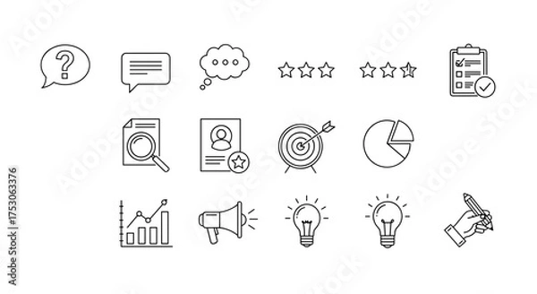 Fototapeta Business analysis and marketing strategy vector line icon set. Icons for customer feedback, survey, data research, performance review, target goal, and creative idea concept.