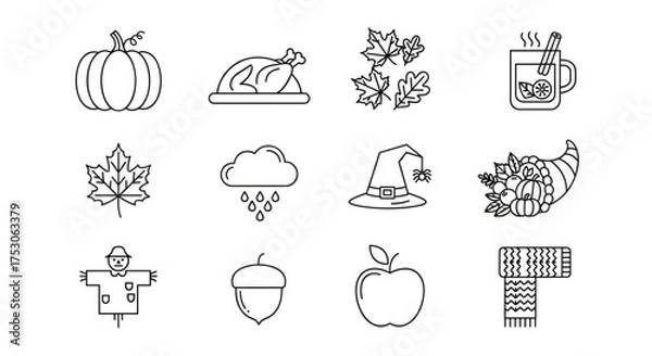 Fototapeta Autumn Fall icon set. Thanksgiving and Halloween thin line icons. Vector symbols of pumpkin, roast turkey, maple leaf, cornucopia, witch hat, scarecrow, apple, acorn.