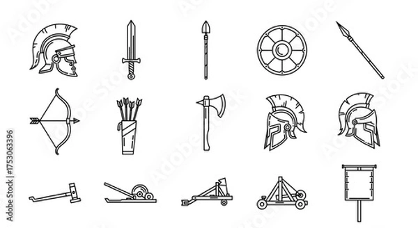 Fototapeta Ancient Rome and Greece weapons and armor icon set. Collection of roman legionary and spartan soldier equipment. Line art vector of helmet, sword, shield, catapult, bow.