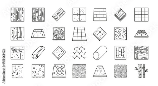 Fototapeta Floor materials line icon set. Flooring and surface collection. Wood texture. Parquet. Ceramic tile. Rug. Carpet. Linoleum. Stone. Paving. Bamboo. Interior design elements.