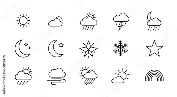 Fototapeta Weather forecast icon set. Line art collection of meteorological symbols. Sun, cloud, rain, thunderstorm, snow, moon, star, wind, rainbow. Minimal outline pictogram pack.