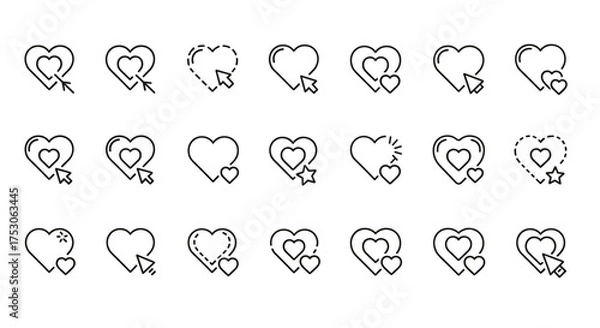 Fototapeta Heart cursor icon set mouse pointer click symbol. Love, like, favorite concepts. UI elements for social media, dating app. Digital romance, relationship. Vector outline graphic.