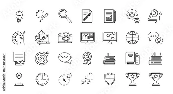 Fototapeta Big vector collection of thin line icons for business, education and creative process. Set for web and app design. Symbols of success, achievement, and learning concepts.