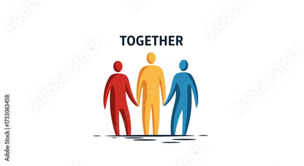 Fototapeta Three colorful stylized human figures holding hands together, symbolizing unity, teamwork, cooperation, friendship, partnership, community, collaboration, connection concept