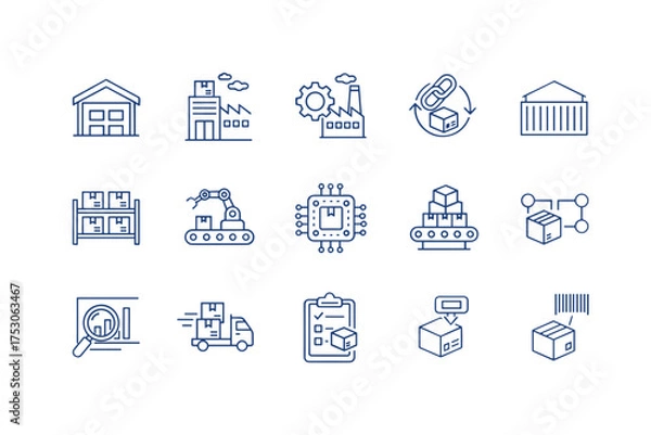 Fototapeta Logistics and supply chain line icon set. Vector symbols for warehouse, factory, automation, delivery, distribution, inventory, shipping, barcode and other industry processes.