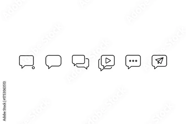 Fototapeta Message and chat bubble line icon set. Communication vector symbols for social media UI. Icons for send, direct message, notification, typing, dialogue, and video comment.