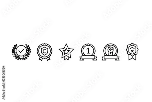 Fototapeta Award and achievement line icon set. Collection of vector badges, medals, and ribbons. Quality guarantee, winner certification, first place success and copyright symbols.