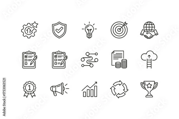 Fototapeta Business strategy and success line icon set. Vector icons for growth, achievement, and development. Includes goal, award, marketing, finance, idea, and workflow symbols.