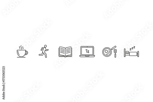 Fototapeta Daily routine linear icons set. Healthy lifestyle and work-life balance concept. Morning coffee, run, study, work, food, sleep. Time management and daily schedule vector.
