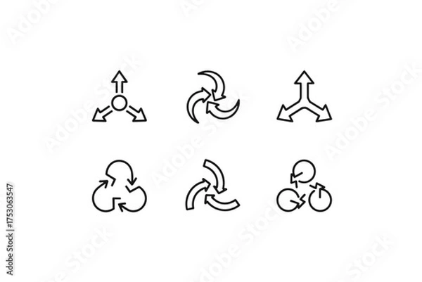 Fototapeta Collection of three-arrow vector line icons. Set includes symbols for recycling, workflow, process, and direction. Concepts for circular motion, choice, splitting paths, and distribution.