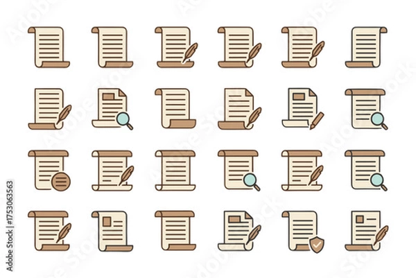 Fototapeta Document icon set. Paper scroll, parchment, contract vector symbols. History, law, agreement, treaty, research, certificate. Quill pen, magnifying glass, secure shield icon.