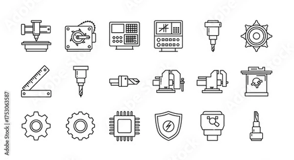 Fototapeta Industrial tools and machinery vector icons set. CNC machines, drill bits, gears, microchip, measuring tools, vices for manufacturing, engineering, assembly, and mechanical work concept
