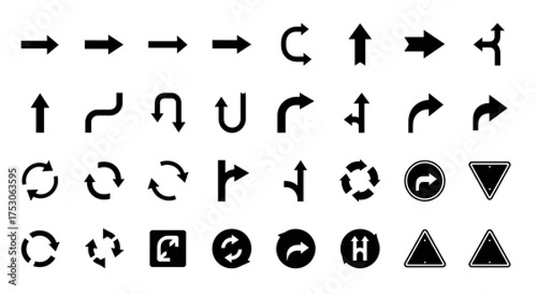 Fototapeta Vector arrow icon set. Collection of black direction signs and symbols. Navigation pointers for web and app. Straight, curved, circle, u-turn, refresh and reload arrows.