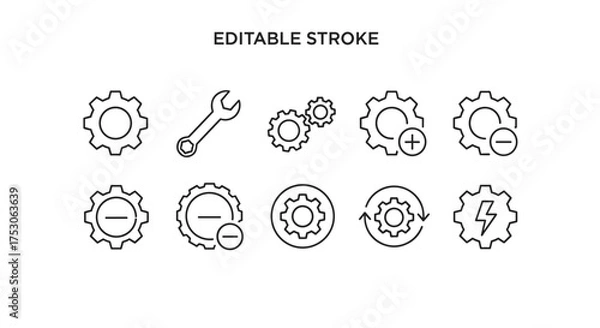 Fototapeta Gear settings line icon set. Editable stroke. Vector cogwheel for configuration, maintenance, repair. Mechanical process and setup tool symbol. Engineering and technical icons.