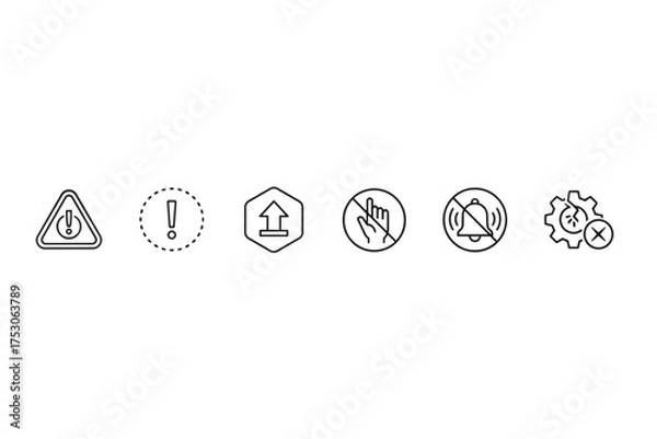 Fototapeta Minimalist outline safety and alert icons set including warning sign, exclamation mark, upload symbol, no touch gesture, silent notification, and broken settings gears for user interface design