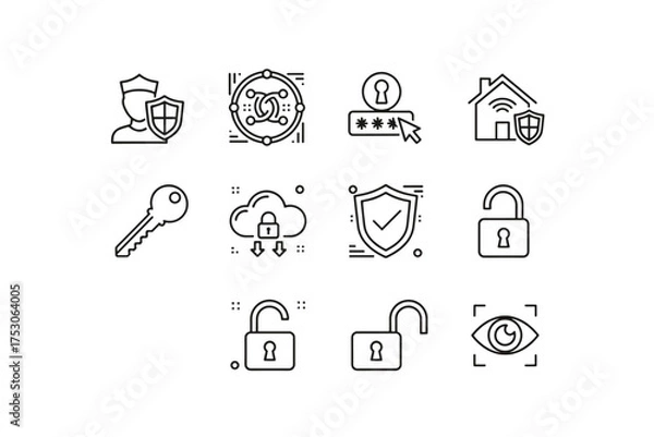 Fototapeta Cybersecurity and Data Protection Icon Set, Password Security, Key Access, Cloud Encryption, Digital Privacy, Network Safety, Lock and Shield Symbols for Secure Technology
