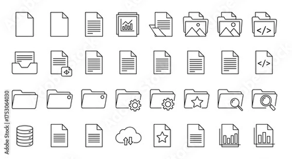 Fototapeta Set of minimal thin line document and folder icons with file types code, charts, cloud sync, search and settings symbols for business and technology design