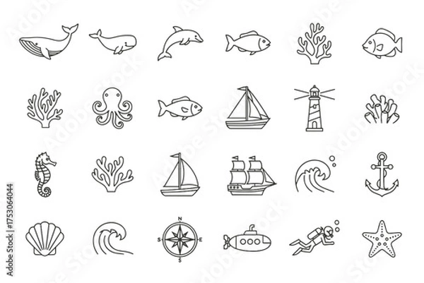 Fototapeta Set of Vector Marine Life and Nautical Icons. Whale, Dolphin, Fish, Coral, Octopus, Seahorse, Sailboat, Lighthouse, Ship, Wave, Anchor, Compass, Submarine, Diver, Shell, Starfish Line Art Collection