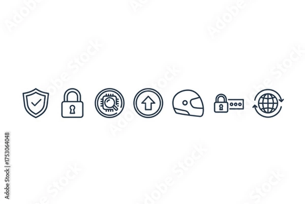 Fototapeta Cyber security icons set including shield protection, padlock security, chip analysis, upload arrow, helmet safety, password lock, and global connection for digital protection and internet safety