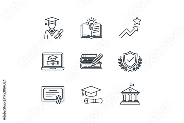 Fototapeta Education and Learning Icons Set, Graduation Cap, Diploma, Online Course, Knowledge Book, Growth Chart, Certificate, Academic Achievement, School Building, Study and Success Concepts